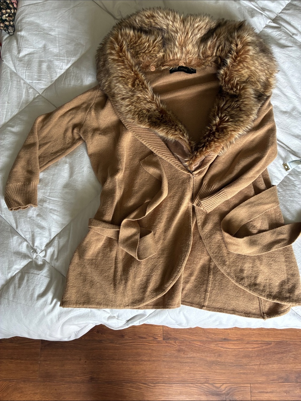 The Limited Camel Knit Cardigan with Faux Fur Trim